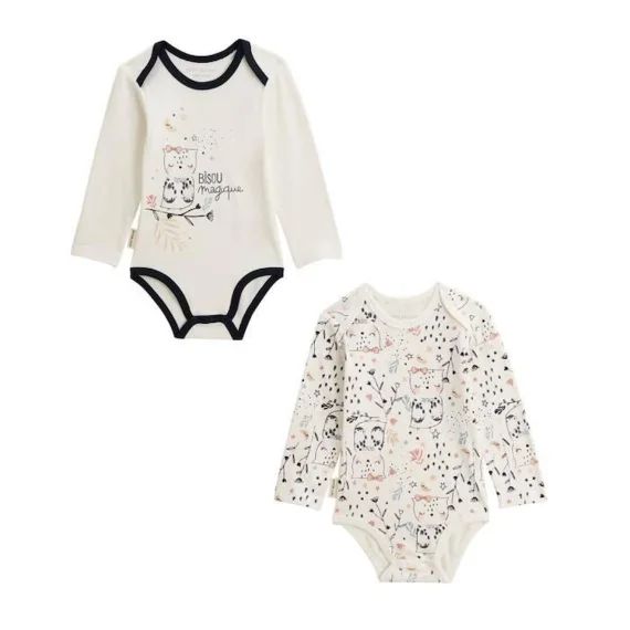 Lot De 2 Bodies Bébé Manches Longues Bisou Magique Blanc