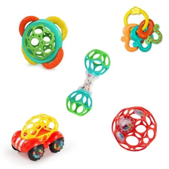 BRIGHT STARTS Set de hochet Oball et anneaux de dentition, 5 pièces, sans BPA, 0-24 mois rouge