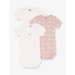 Lot de 3 bodies manches courtes baleines en coton PETIT BATEAU rose pâle