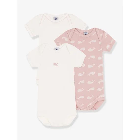 Lot de 3 bodies manches courtes baleines en coton PETIT BATEAU rose pâle