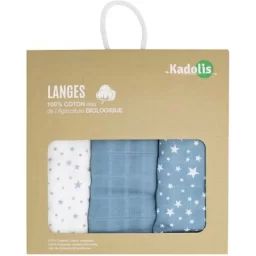 Lot de 3 langes en coton bio Étoile bleu (60 x 60 cm)