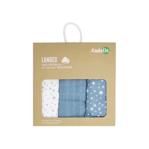 Lot de 3 langes en coton bio Étoile bleu (60 x 60 cm)