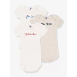 Lot de 3 bodies Globe trotteur en coton PETIT BATEAU manches courtes blanc