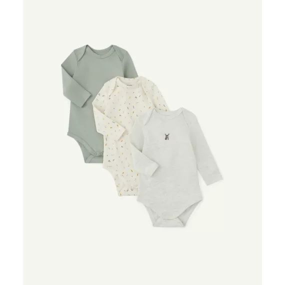 Le lot de 3 bodies gris et verts en coton biologique –  – Soldes