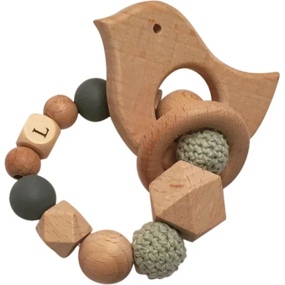 Anneau de dentition en bois Oiseau mint et ardoise (personnalisable)