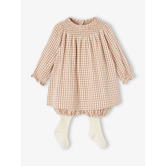 Ensemble 3 pièces bébé robe, bloomer et collants noix de pécan