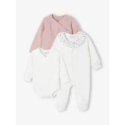 Coffret naissance 3 pièces en tricot uni gilet + dors-bien + body rose