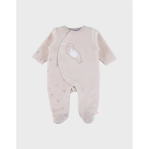 Pyjama Bébé En Velours Avec Broderie Phoque Ecru