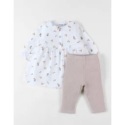 Set Robe Imprimé Fleuri + Legging En Jersey Côtelé Blanc