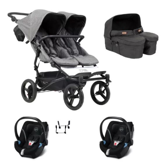 Poussette Double Mountain Buggy Duet V3.2 Luxury Edition – Herringbone + Nacelle Jumeaux + 2 Coques Auto Cybex Aton 5 – Deep Black