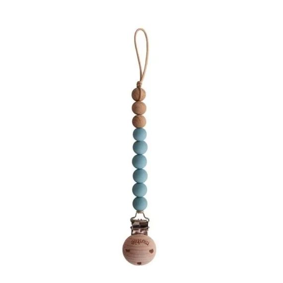 Attache Sucette En Bois Et Silicone – Eva Bleu – Avec Clip – Porte Tétine Bébé – Mushie Bleu