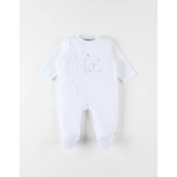 Pyjama 1 pièce broderie girafe/éléphant en velours blanc