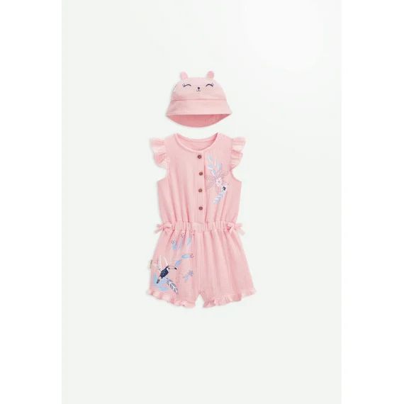 Combishort Bébé + Chapeau En Gaze De Coton Corail Bella Chica Corail