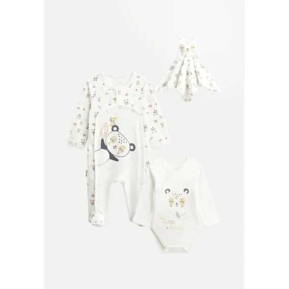Kit Naissance 3 Pièces Pyjama, Body Et Doudou Bébé Baby Panda Ecru