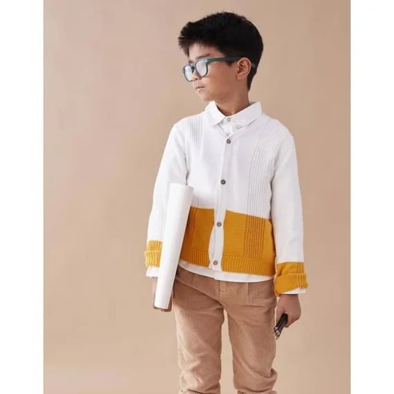 Cardigan Bicolore Col V Blanc