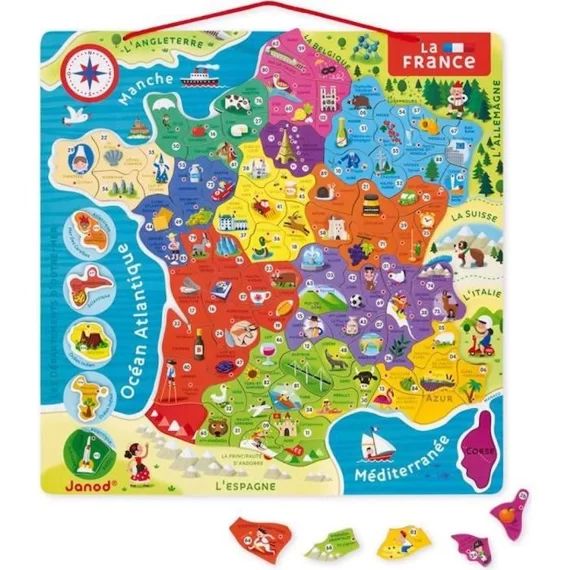 JANOD – Puzzle France Magnétique 93 pcs (bois) – Nouvelles régions 2016 – Dès 7 Ans rouge