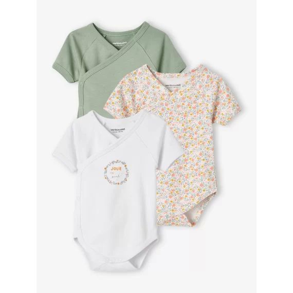 Lot de 3 bodies fleurs manches courtes bébé ouverture naissance lot tilleul