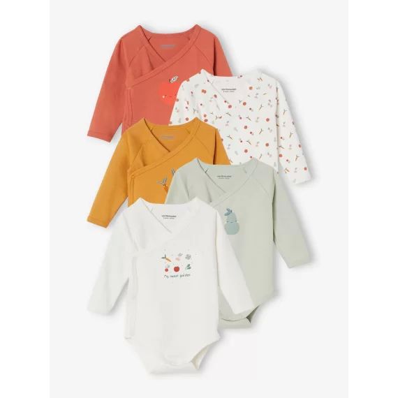 Lot de 5 bodies manches longues bébé ouverture naissance lot orange grisé