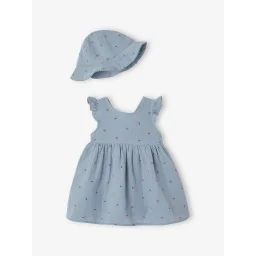 Ensemble robe et bob naissance en gaze de coton bleu chambray
