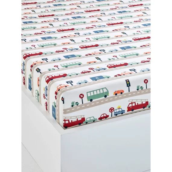 Drap-housse enfant AUTO-CITY beige grisé imprimé
