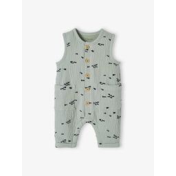 Combinaison bébé naissance garçon en gaze de coton brodée bleu grisé