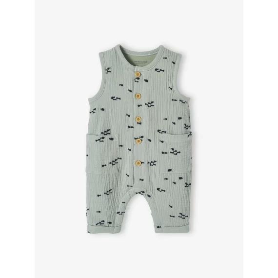 Combinaison bébé naissance garçon en gaze de coton brodée bleu grisé