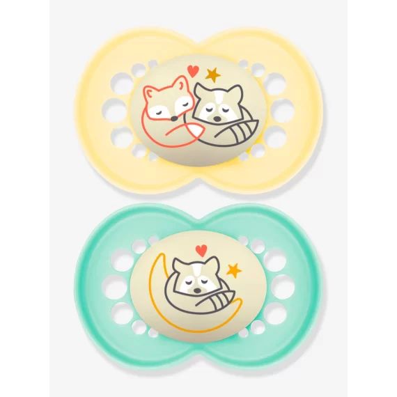 Lot de 2 sucettes en silicone MAM Nuit 6+ jaune + vert