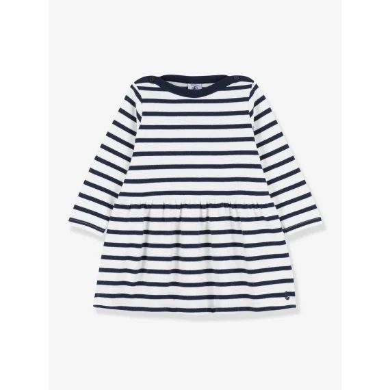 Robe manches longues iconique en jersey épais bio bébé – PETIT BATEAU blanc rayé marine