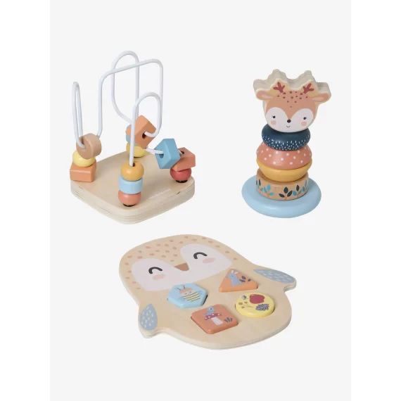 Coffret 3 jeux d&rsquo;éveil Les amis de la forêt en bois FSC® beige