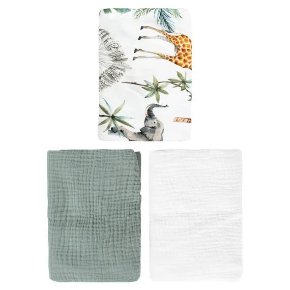 Lot De 3 Draps Housses Couffin En Coton Safari Blanc, Vert, Safari