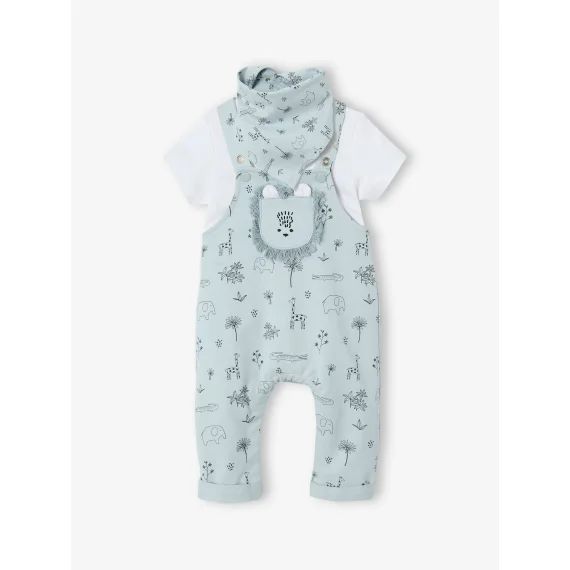 Ensemble 3 pièces naissance salopette + body + foulard bleu