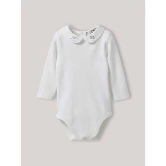 Body Col Brodé En Coton Biologique Blanc Doux