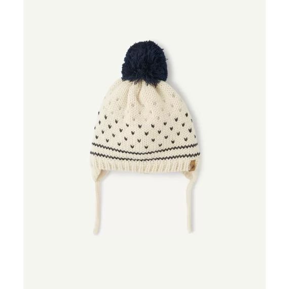 Bonnet tricot bébé fille beige et bleu avec pompon et détails pailletés