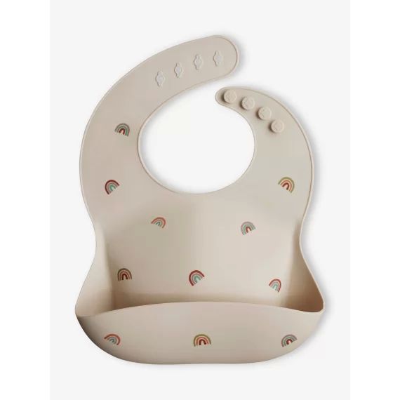 Bavoir avec récupérateur MUSHIE en silicone beige/arc en ciel