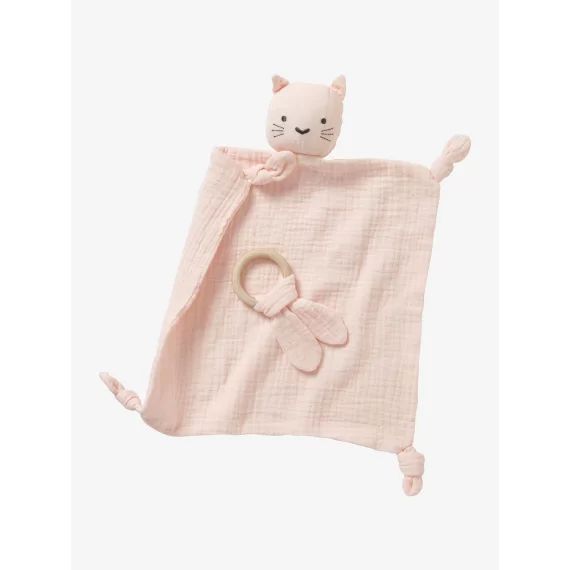 Doudou en gaze de coton + hochet rond rose