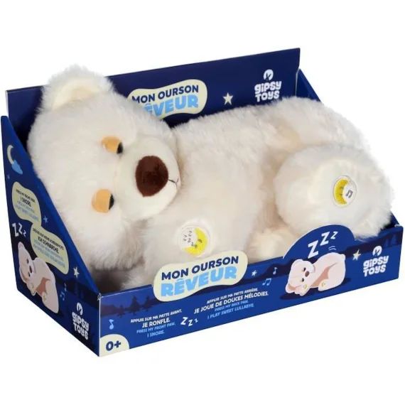 Peluche – Gipsy Toys – Ourson rêveur sonore – 30cm blanc