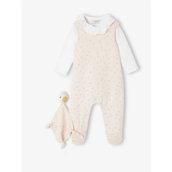 Ensemble 3 pièces naissance combinaison + body + doudou rose