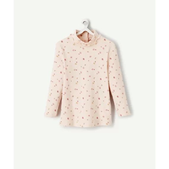 Sous-pull côtelé fille en coton bio rose imprimé fleuri