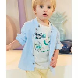 Chemise col mao garçon bleu en lin et coton –  – Soldes