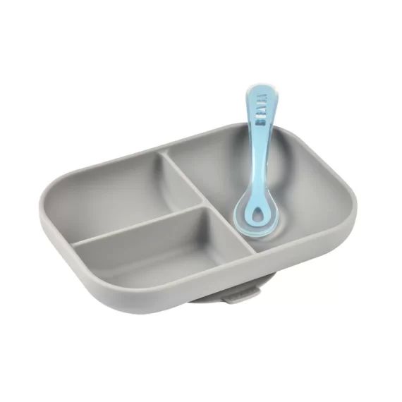 Assiette Ventouse Compartimentée Béaba + Cuillère – Grey