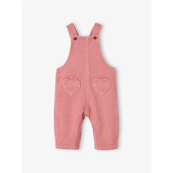 Salopette bébé en velours côtelé poches coeur bois de rose