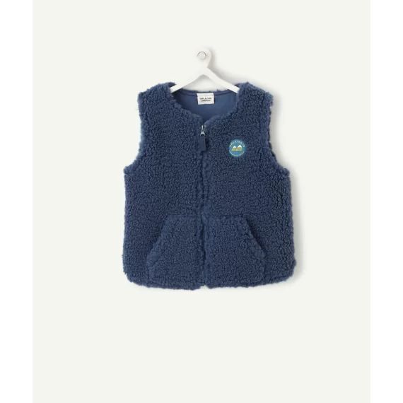 Gilet sans manches zippé bébé garçon en sherpa bleu avec patch