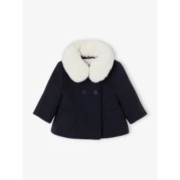 Manteau bébé fille en drap de laine col en fausse fourrure amovible marine
