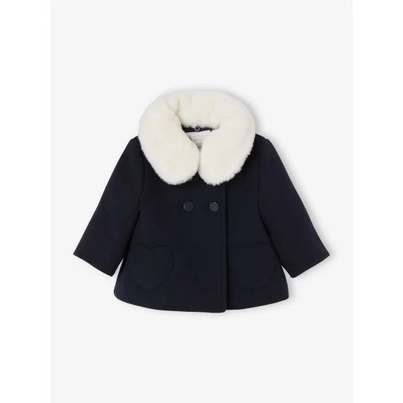Manteau bébé fille en drap de laine col en fausse fourrure amovible marine