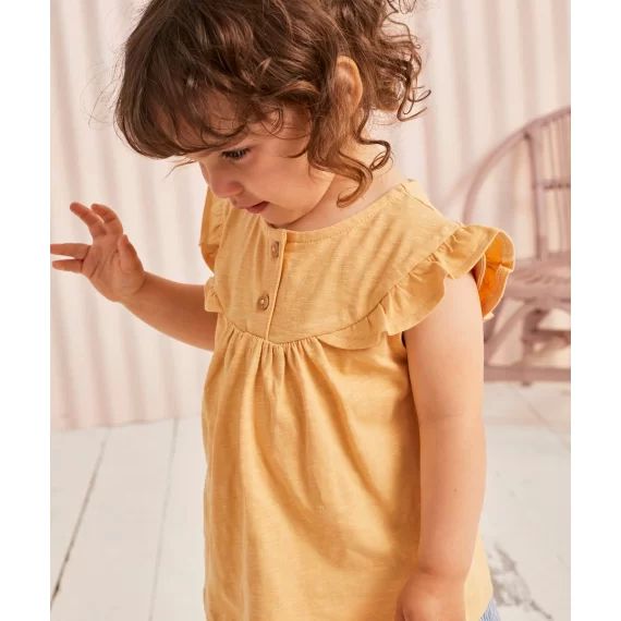 T-shirt bébé fille jaune en coton bio avec volants –  – Soldes