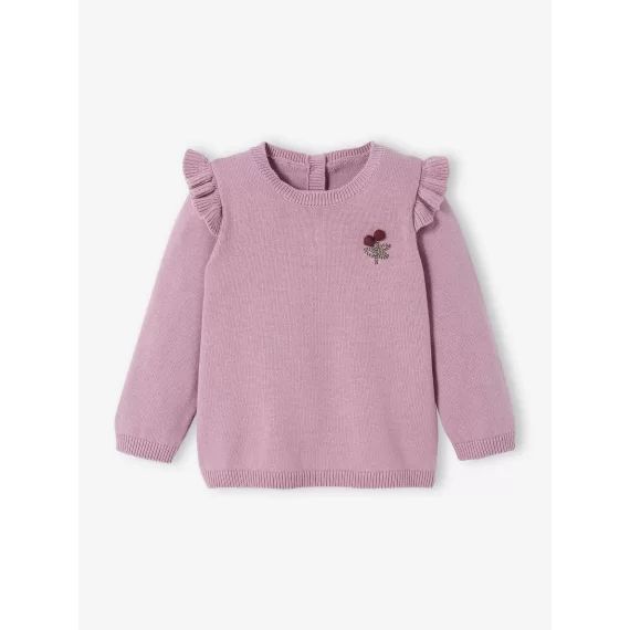 Pull à volants cerise bébé avec pompons lilas