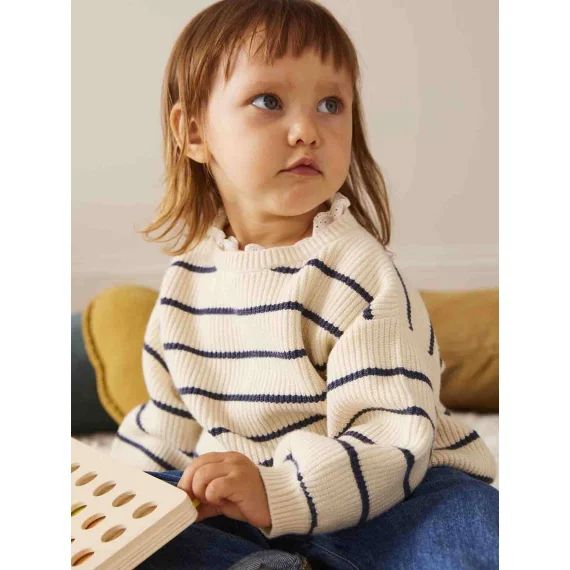 Pull en côte perlée bébé col en broderie anglaise rayé marine