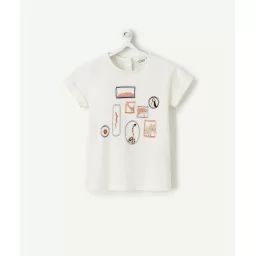 T-shirt bébé fille en coton bio écru avec motifs animaux –  – Soldes