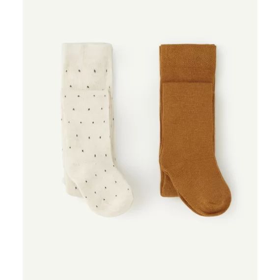 Lot de 2 collants tricot bébé fille moutarde et écru à pois