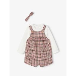 Ensemble salopette courte à carreaux + t-shirt et bandeau bébé fille bois de rose